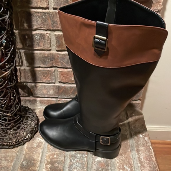 Solanz Full Length Boots Black Tan Zip up Gretchen Wide Calf Women's 9.5 - Picture 2 of 11